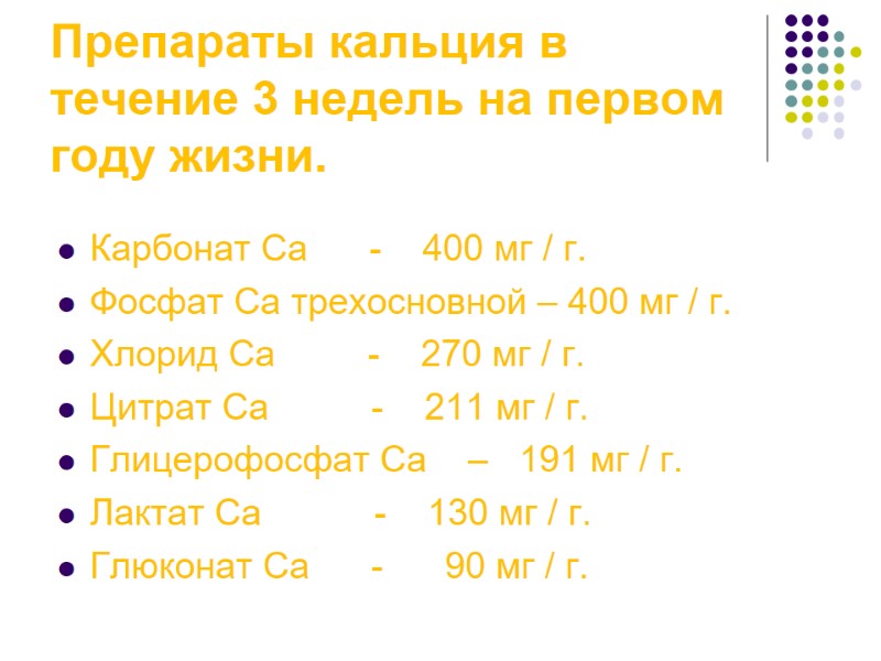 Препараты кальция в течение 3 недель на первом году жизни. Карбонат Са  